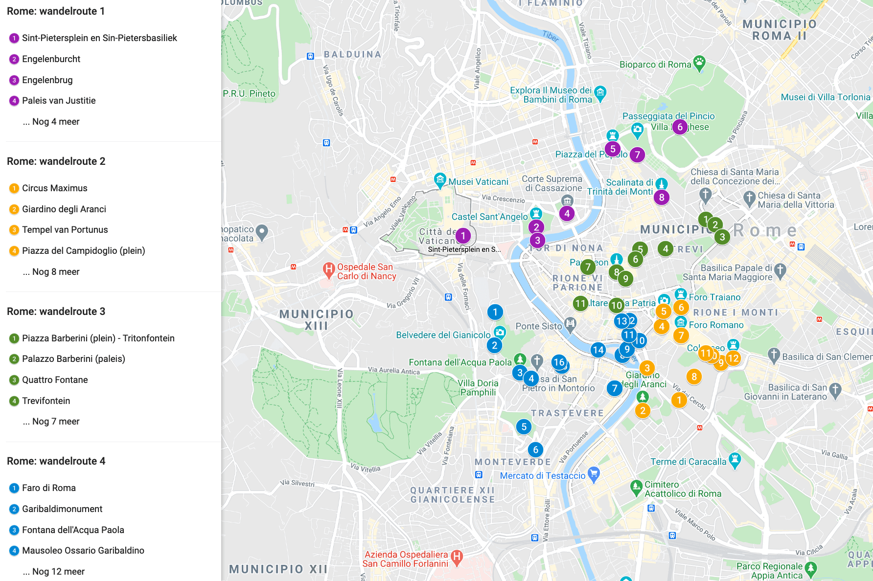 Kaartje met de 4 wandelingen in Rome