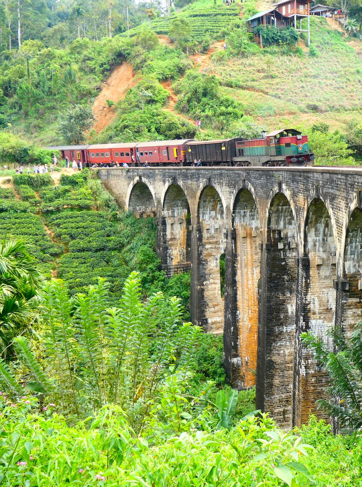 Trein over spoor Ella Nine Arch Bridge