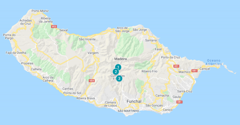 3 hikes Nuns Valley Madeira op kaart overzicht