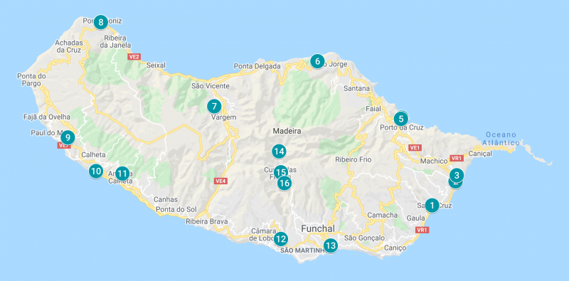 kaart loacties accommodaties slapen Madeira
