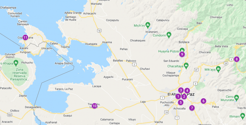 Plattegrond bezienswaardigheden en dingen om te doen in en rondom La Paz