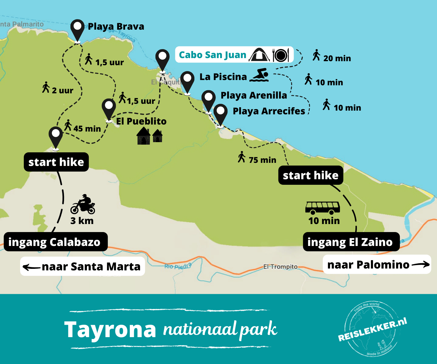 Plattegrond / kaart Tayrona nationaal park met hikes en tijden, map Tayrona national park